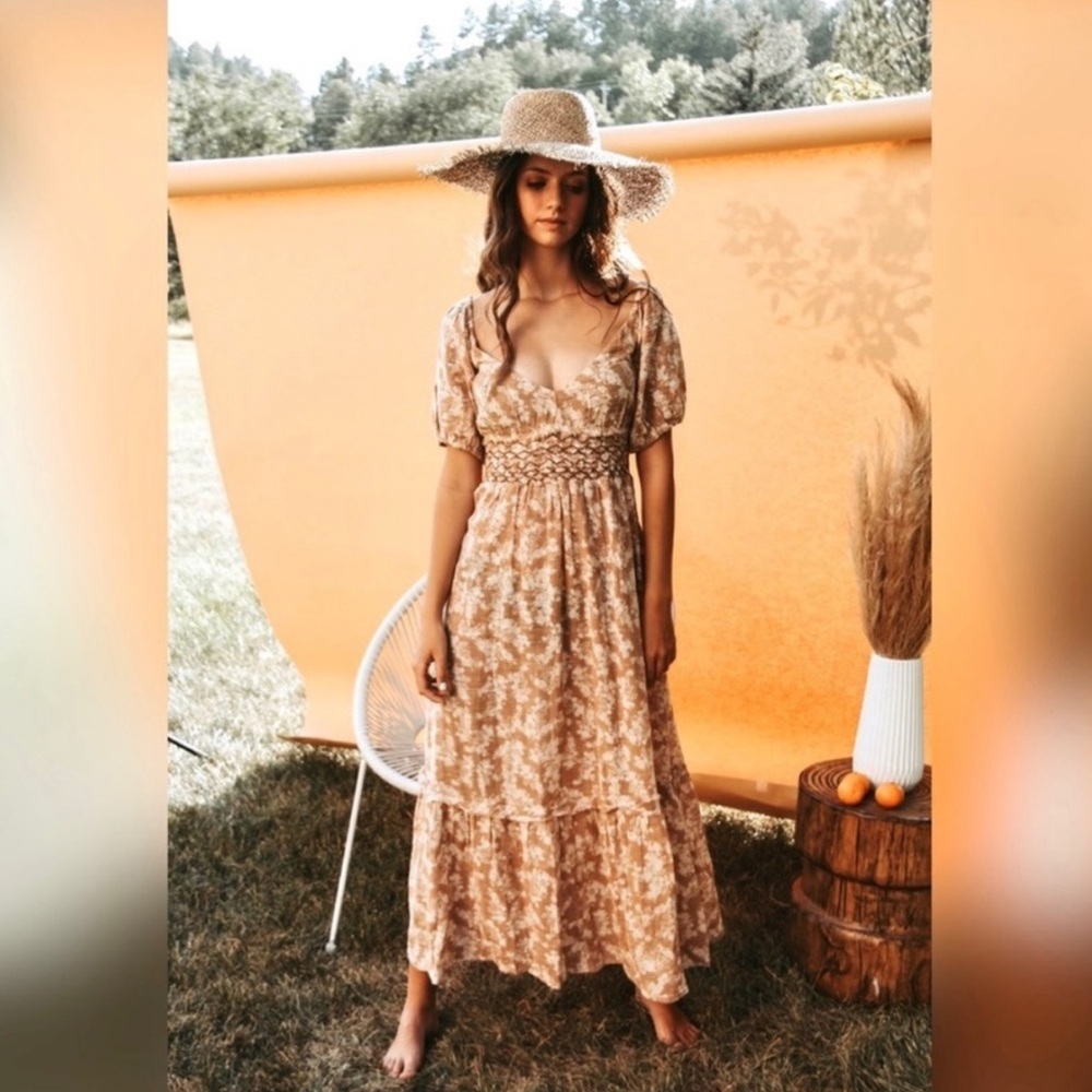 Free People Ellie Printed Maxi Dress Neutral Floral Boho Smocked S - Picture 5 of 14